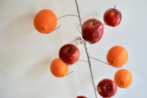 Oranges and red apples floating on stainless steel branches